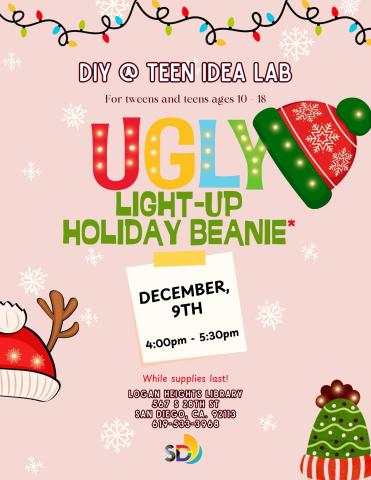 Christmas lights hanging, snowflakes, holiday/Christmas hats