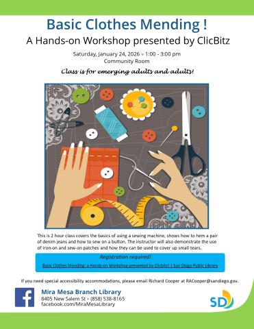 Colorful pastel promotional flyer with illustrated image of hands sewing and sewing supplies