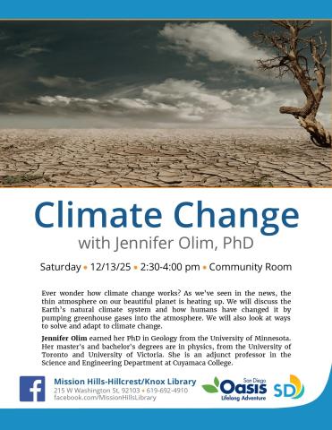 Flyer with event details and photo of dried up land and tree