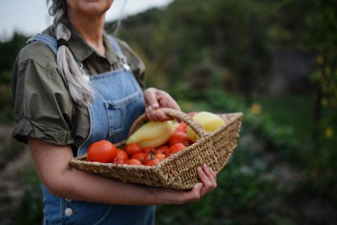 Woman in coveralls holding basket of vegetables