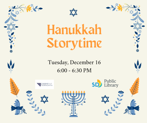 Hanukkah Storytime infographic featuring blue and gold images of a Hanukkiah, Stars of David, doves, and floral elements on a beige background.