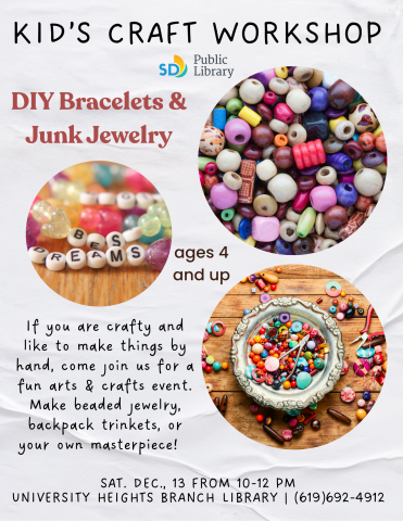 Kid's Craft Workshop Flyer with images of plastic beads and buttons