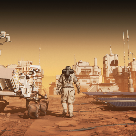 astronaut walking through a city on another planet