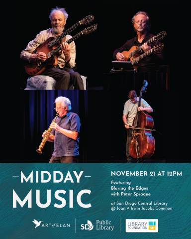 Image of four musicians playing instruments and the Midday Music and Art of Elan logos