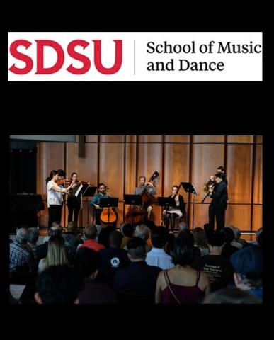 photo of SDSU logo and SDSU students on stage performing with musical instruments