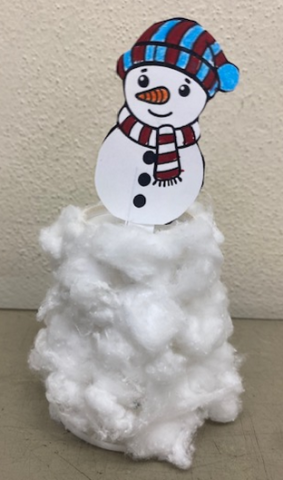 Paper snowman sitting on a paper cup covered in cotton ball snow