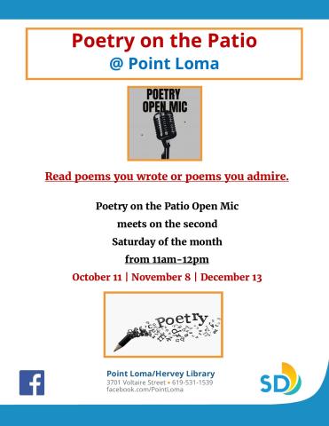a flyer announcing Poetry on the Patio @ Point Loma, second Saturday of every month from 11am-12pm on the outside upstairs patio.