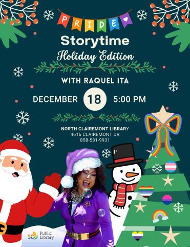 a holiday flyer with snow people, santa, a christmas tree, holly, falling snowflakes, and a queen in purple. 