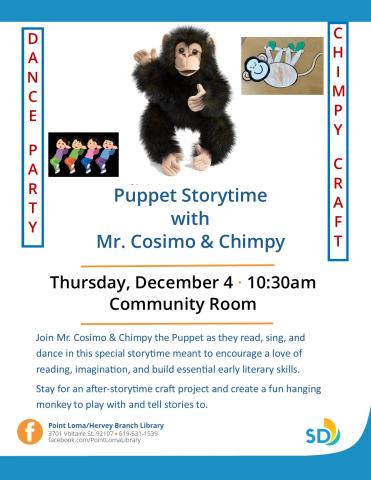 a flyer with an image of chimpy the chimp and the text Puppet Storytime & Craft with Mr Cosimo and Chimpy, Thursday, December 4, 2025 at 10:30am in the Community Room