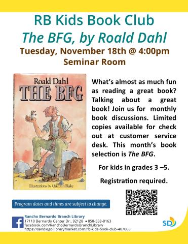 Book Club Flyer with picture of The BFG book cover