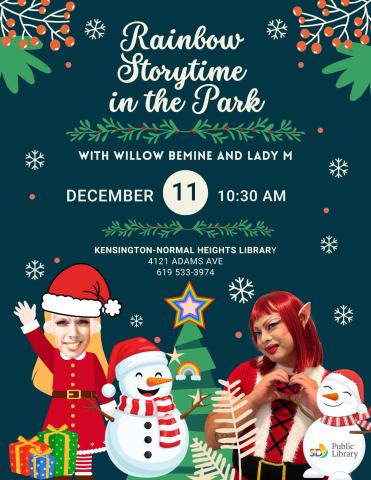 a holiday flyer with snow people, a christmas tree, holly, falling snowflakes, and two festive holiday goers!