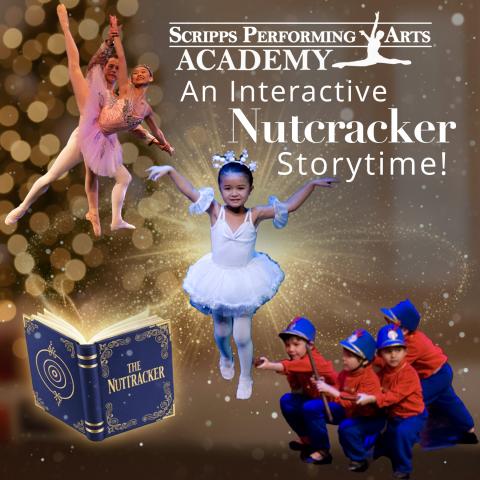 Child in white  ballerina costume and four boys in nutcracker costurme