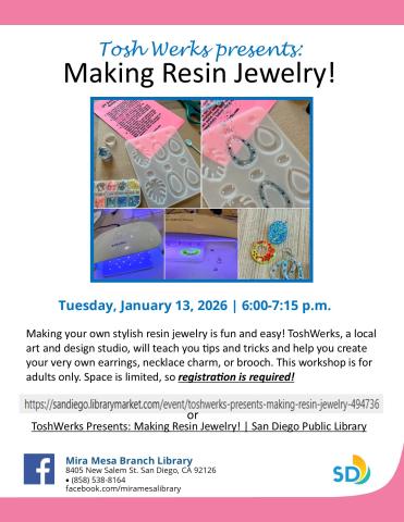 Promotional flyer with pink boarder showing UV Resin and materials for making jewelry