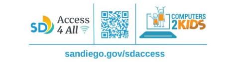 QR code flanked by City of San Diego and San Diego Computers 2 Kids logos 