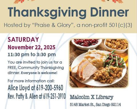 "Thanksgiving Dinner" text above detail text and image of a plate with sliced turkey, stuffing, and vegetables.