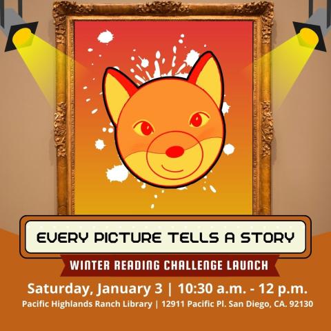 Two gray metal spotlights shine yellow light on a gold picture frame with an image of Odi the Coyote who is designed in orange and yellow colors. 