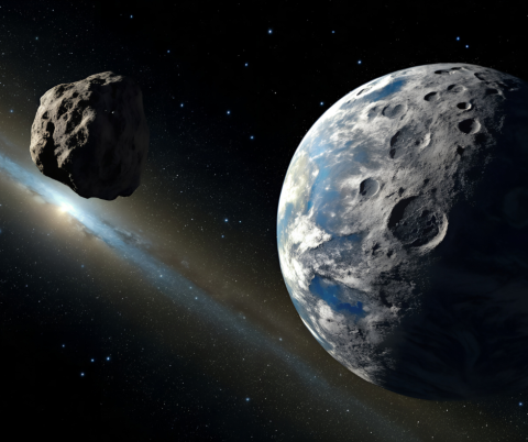 Photo shows a planet in the foreground with an asteroid in the background with stars behind it