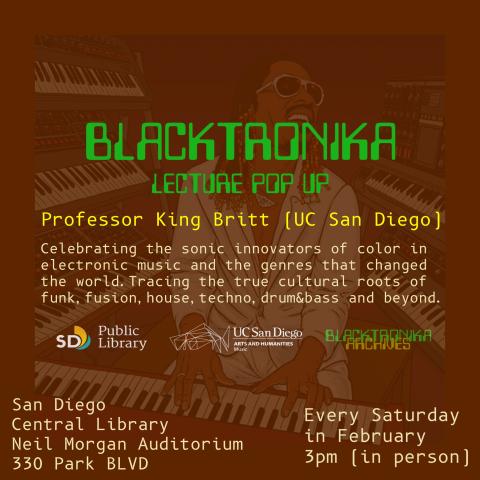 Brown background with an illustrated person with braids, a mustache, and white sunglasses in a white suit playing a keyboard with keyboards in the background.