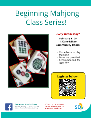 Beginning Mahjong Class Series informational flyer featuring images of Mahjong tiles.