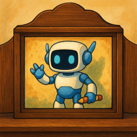 Robot holding a pencil inside a Kamishibai story box