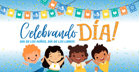 Four cartoon children under the words Celebrando Dia!