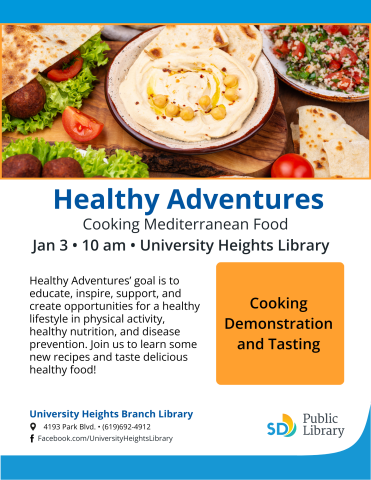 Healthy Adventures flyer for cooking Mediterranean food with Image of hummus