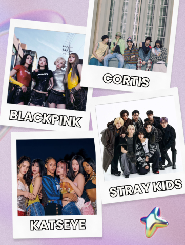 pictures of four kpop bands: Blackpink, Cortis, Stray Kids, and Catseye