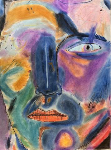 Abstract multi-colored pastel portrait of a human face.