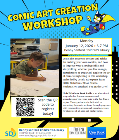 Comic Art Creation Workshop with Little Fish Comic Book Studio on January 12, 2026 from 6-7pm at the DSCL!