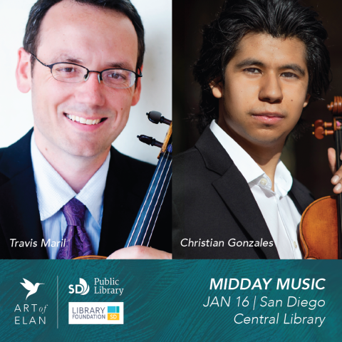 Two photos side by side of different men holding violins. Below is a teal rectangle with the hummingbird Art of Elan logo.