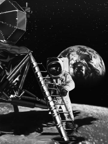 astronaut standing next to a lander on the moon with the earth in the background