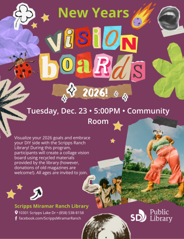 Flyer for the event with collaged images and text "New Years Vision boards 2026."