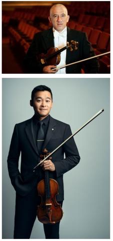Publicity photos of pianist Igor Pandurski holding violin and violinist Kenneth Liao standing with violin