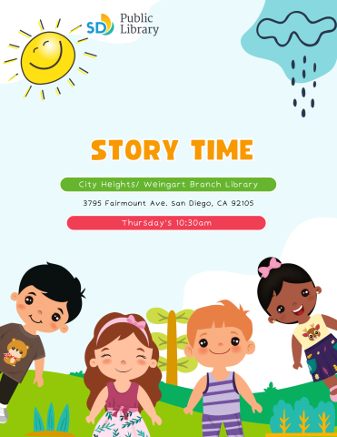 Four smiling children with sun and clouds