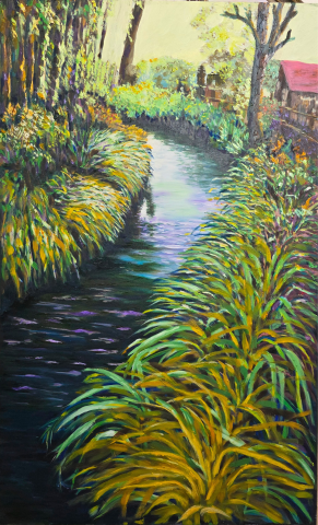 painting of a creek lined by trees and tall grass on each side 