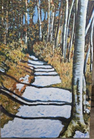 Painting of a path winding through tall trees, marked with their shadows.  
