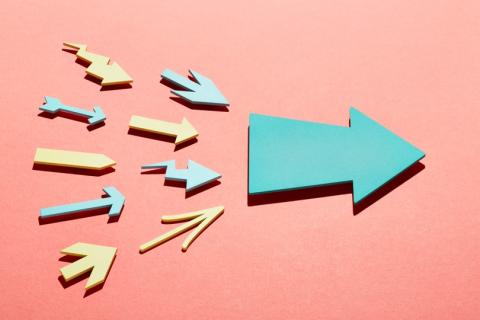 smaller arrows pointing into back of larger arrow pointing right