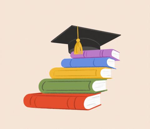 illustration of black graduation cap on top of books stacked like a staircase