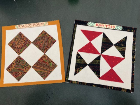 Cream fabric with brown diamonds, cream fabric, with red and black triangles