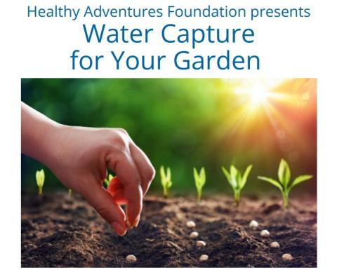 "Water capture for your garden" text above image of a hand planting rows of seeds with sprouts in the background.