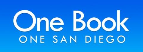 White text of "One Book, One San Diego" on a blue background