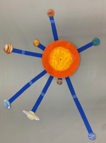 Paper planets attached to a paper plate sun with rectangular strips of paper and a brass fastener