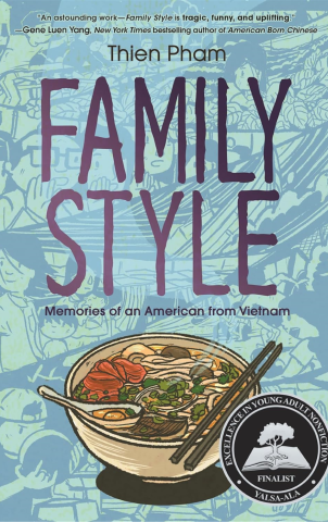 A bowl of Vietnamese noodles on a blue background.