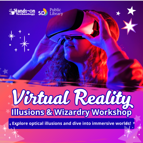  a youth with long hair has a virtual reality headset on, image is colored in purple and pink.  