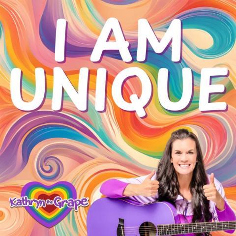 Musician Kathryn the Grape holds a purple guitar and is making the thumbs up sign on a swirly colored background with the words "I Am Unique" at the top