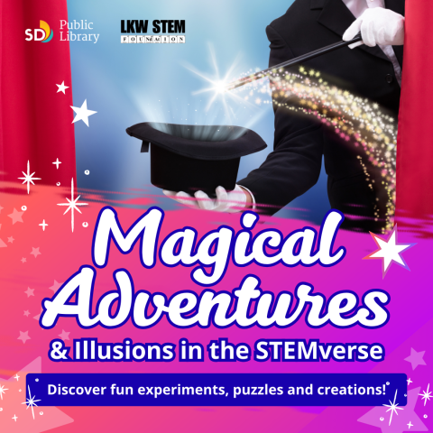 Behind red curtains, a magician in a black and white tuxedo holds a magic wand into his black top hat with magical yellow sparks going into the hat.