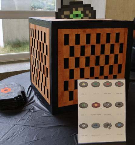 wood cube with pixel style music record on top