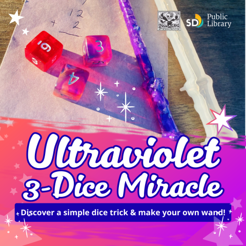 On a brown table sits 3 red dice on pink construction paper with a purple wand and other magical tools.