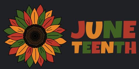 Illustration of flower next to word JUNETEENTH