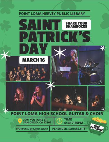 Point Loma High School Guitar & Choir Saint Patrick's Day concert flyer